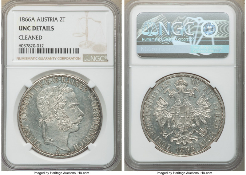 Franz Joseph I 2 Taler 1866-A UNC Details (Cleaned) NGC, Vienna mint, KM2250. 
...