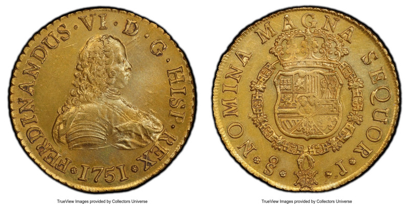 Ferdinand VI gold 8 Escudos 1751 So-J UNC Details (Salt Water Damage) PCGS, Sant...