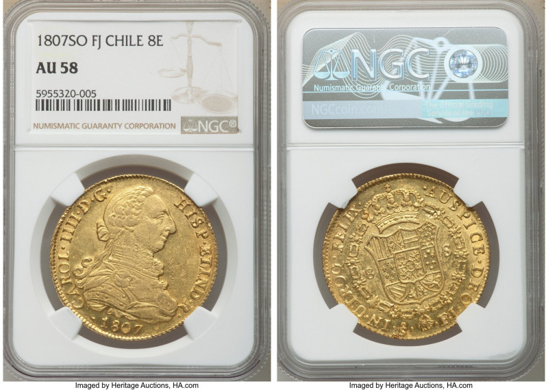 Charles IV gold 8 Escudos 1807 So-FJ AU58 NGC, Santiago mint, KM54. Grainy textu...