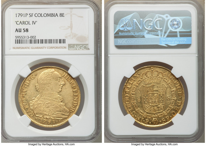 Charles IV gold 8 Escudos 1791 P-SF AU58 NGC, Popayan mint, KM62.2. CAROL IV leg...