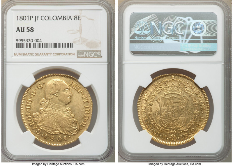 Charles IV gold 8 Escudos 1801 P-JF AU58 NGC, Popayan mint, KM62.2. AGW 0.7614 o...