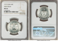 Republic "High Relief" Star 40 Centavos 1915 MS64 NGC, Philadelphia mint, KM14. High relief star variety. Enveloped in frosted whirling luster with bl...