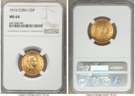 Republic gold 5 Pesos 1915 MS64 NGC, Philadelphia mint, KM19. AGW 0.2419 oz. 

HID09801242017

© 2020 Heritage Auctions | All Rights Reserved