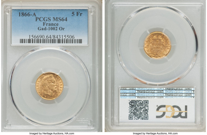 Napoleon III gold 5 Francs 1866-A MS64 PCGS, Paris mint, KM803.1, Gad-1002. 

...