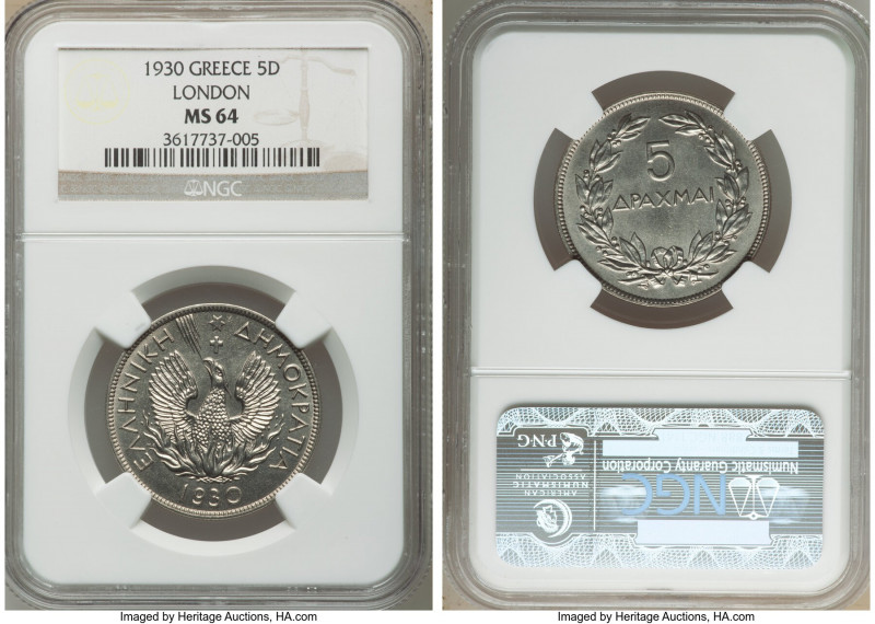 Republic 3-Piece Lot of 5 Drachmai 1930 MS64 NGC, London mint, KM71.1. Sold as i...