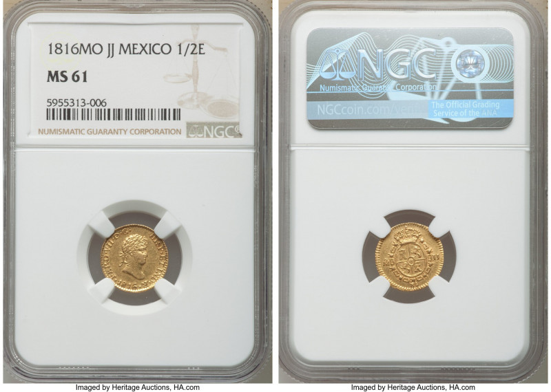 Ferdinand VII gold 1/2 Escudo 1816 Mo-JJ MS61 NGC, Mexico City mint, KM112. Exce...
