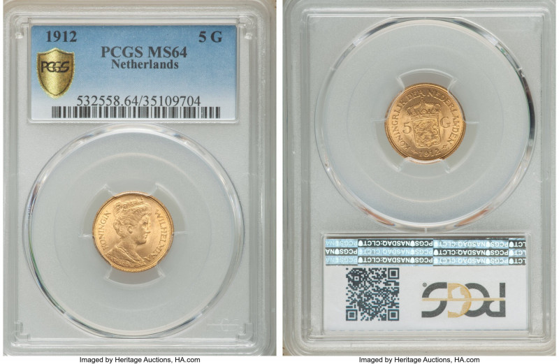 Wilhelmina gold 5 Gulden 1912 MS64 PCGS, KM151. AGW 0.0972 oz. 

HID0980124201...