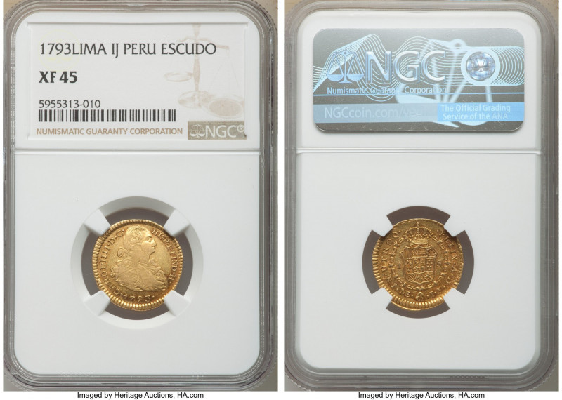Charles IV gold Escudo 1793 LM-IJ XF45 NGC, Lima mint, KM89.

HID09801242017
...