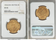 Republic gold 4 Escudos 1854 LM-MB XF45 NGC, Lima mint, KM150.3. One year type. Recessed area of devices retaining burgundy toning giving depth to sur...