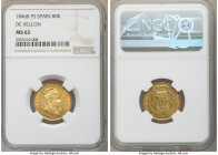 Isabel II gold 80 Reales 1846 B-PS MS62 NGC, Barcelona mint, KM578.1. De Vellon. Lustrous with peach and honey golden color. AGW 0.1905 oz. 

HID098...