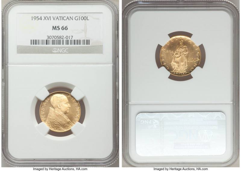 Pius XII gold 100 Lire Anno XVI (1954) MS66 NGC, KM53.1. Mintage: 1,000. 

HID...