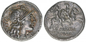 M. Attilus Saranus 148 BC
Römisches Reich - Republik. Denar. Romakopf nach rechts / Die Dioskuren nach rechts galoppierend
Rom
3,72g
Syd.398
vz