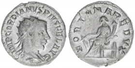 Gordianus III. Pius 238-244
Römisches Reich - Kaiserzeit. Antoninian. Av. IMP GORDIANVS PIVS FEL AVG Rv. FORTVNA REDVX
Rom
4,57g
Kampmann 72.14
vz/stf...