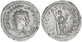 Gordianus III. Pius 238-244
Römisches Reich - Kaiserzeit. Antoninian. Av. IMP GORDIANVS PIVS FEL AVG Rv. FELICITAS TEMPORVM
Rom
3,97g
Kampmann 72.12
s...