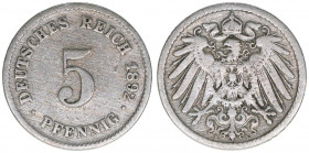 Deutsches Reich 1871-1918
5 Pfennig, 1892 E. Auflage 346000
2,39g
AKS 16
ss-