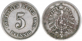 Deutsches Reich 1871-1918
5 Pfennig tieferstehende 9, 1889 G. selten
2,45g
ss