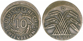 Deutsches Reich 1919-1945
10 Rentenpfennig Randverprägung, 1924 D. selten
3,92g
ss+