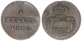 Maria Theresia 1740-1780
1 Heller, 1777. Wien
0,92g
Herinek 1660
ss/vz