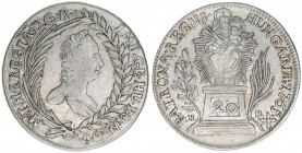 Maria Theresia 1740-1780
20 Kreuzer, 1765 KB. Kremnitz
6,55g
Frühwald 1146
ss
