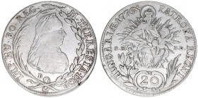 Maria Theresia 1740-1780
20 Kreuzer, 1776 B/SK-PD. Kremnitz
6,53g
Frühwald 1157
ss