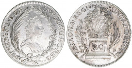 Maria Theresia 1740-1780
20 Kreuzer, 1763 KB. Kremnitz
6,59g
Frühwald 1144
ss/vz