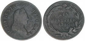 Maria Theresia 1740-1780
1 Kreuzer, 1780 K. Kremnitz
6,52g
Frühwald 1257
s/ss