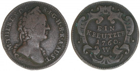 Maria Theresia 1740-1780
1 Kreuzer, 1760 W. Wien
11,66g
Frühwald 320
ss-