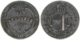 Maria Theresia 1740-1780
1 Kreuzer, 1772 G. Günzburg
7,60g
Frühwald 803
ss/vz