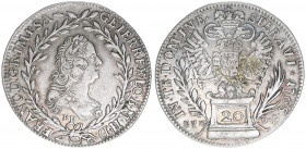 Franz I. Stephan 1745-1765
20 Kreuzer, 1765 BD/EVM-D. Kremnitz
6,58g
ANK 18
ss/vz