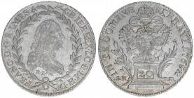 Franz I. Stephan 1745-1765
20 Kreuzer, 1765 BL/SK-PD. Kremnitz
6,63g
ANK 18
vz-
