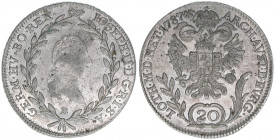 Joseph II. 1765-1790
20 Kreuzer, 1787 B. Kremnitz
6,66g
ANK 12
ss/vz