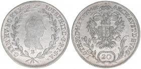 Joseph II. 1765-1790
20 Kreuzer, 1784 B. Kremnitz
6,48g
ANK 12
ss/vz
