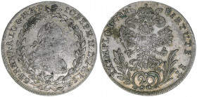 Joseph II. 1765-1790
20 Kreuzer, 1778 F/VC-S. Hall
6,63g
ANK 129
ss