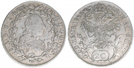 Joseph II. 1765-1790
20 Kreuzer, 1782 B. Kremnitz
6,57g
ANK 10
ss