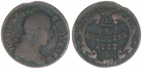 Joseph II. 1765-1790
1/4 Kreuzer, 1777 S. als Mitregent, äußerst selten, ANK bewertet mit Liebhaberpreis
Schmöllnitz
1,98g
ANK Seite 53
s+