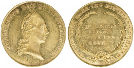 Kaiser Franz (II.) I. 1792-1835
1 1/4 Dukat, 1804. auf die Annahme des Kaisertitels
4,37g
Slg. Horsky 3378
vz
