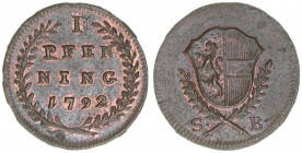 Hieronymus Graf Colloredo 1772-1803
Erzbistum Salzburg. Pfennig, 1792. Salzburg
1,48g
Zöttl 3390, Probszt 2589
vz/stfr