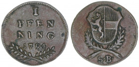 Hieronymus Graf Colloredo 1772-1803
Erzbistum Salzburg. Pfennig, 1794. Salzburg
1,41g
Zöttl 3393, Probszt 2592
ss/vz