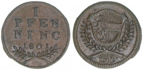 Hieronymus Graf Colloredo 1772-1803
Erzbistum Salzburg. Pfennig, 1801. Salzburg
1,51g
Zöttl 3400, Probszt 2599
vz-