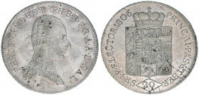 Kurfürst Erzherzog Ferdinand 1803-1806
Salzburg. 20 Kreuzer, 1806. Salzburg
6,63g
Zöttl 3413, Probszt 2611
vz/stfr