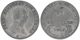 Kurfürst Erzherzog Ferdinand 1803-1806
Salzburg. 6 Kreuzer, 1803. sehr selten
Salzburg
2,73g
Zöttl 3414, Probszt 2612
s/ss