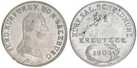 Kurfürst Erzherzog Ferdinand 1803-1806
Salzburg. 6 Kreuzer, 1804. Stempelfehler UON stzatt VON
Salzburg
2,58g
Zöttl 3415, Probszt 2613
ss/vz