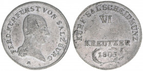 Kurfürst Erzherzog Ferdinand 1803-1806
Salzburg. 6 Kreuzer, 1805. äußerst selten
Salzburg
2,72g
Zöttl 3416, Probszt 2616
vz/stfr