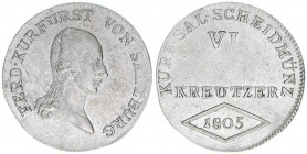 Kurfürst Erzherzog Ferdinand 1803-1806
Salzburg. 6 Kreuzer, 1805. Salzburg
2,58g
Zöttl 3416, Probszt 2614
ss/vz
