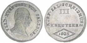 Kurfürst Erzherzog Ferdinand 1803-1806
Salzburg. Groschen, 1805. Salzburg
1,38g
Zöttl 3424, Probszt 2618a
stfr-