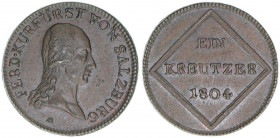 Kurfürst Erzherzog Ferdinand 1803-1806
Salzburg. 1 Kreuzer, 1804. Salzburg
6,49g
Zöttl 3427, Probszt 2619
vz/stfr