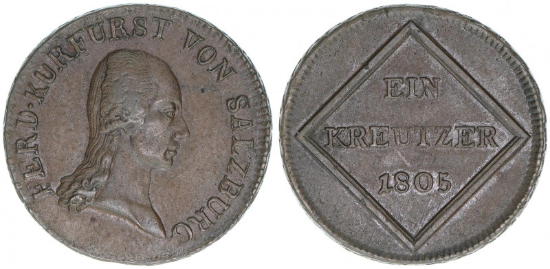 Kurfürst Erzherzog Ferdinand 1803-1806
Salzburg. 1 Kreuzer, 1805. Salzburg
5,97g...