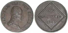 Kurfürst Erzherzog Ferdinand 1803-1806
Salzburg. 1 Kreuzer, 1805. Salzburg
5,97g
Zöttl 3425, Probszt 2620
vz-