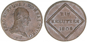 Kurfürst Erzherzog Ferdinand 1803-1806
Salzburg. 1 Kreuzer, 1805. Salzburg
4,84g
Zöttl 3428, Probszt 2620
vz/stfr