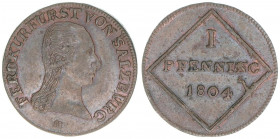 Kurfürst Erzherzog Ferdinand 1803-1806
Salzburg. Pfennig, 1804. äußerst selten
Salzburg
1,39g
Zöttl 3434, Probszt 2625
vz